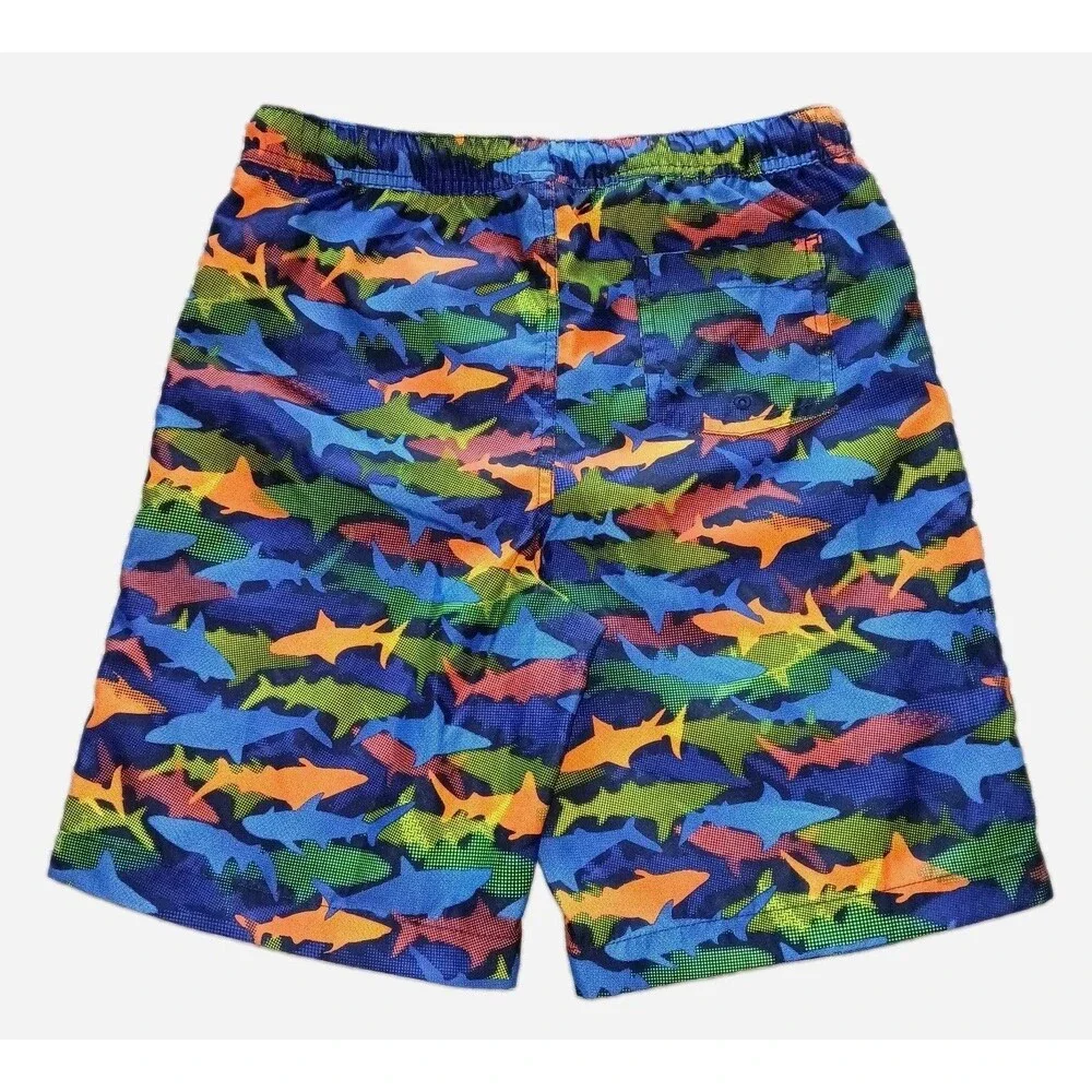LANDS END Boys XL 14/16 Swim Trunks Mesh Lining Beach Colorful Shark Pattern